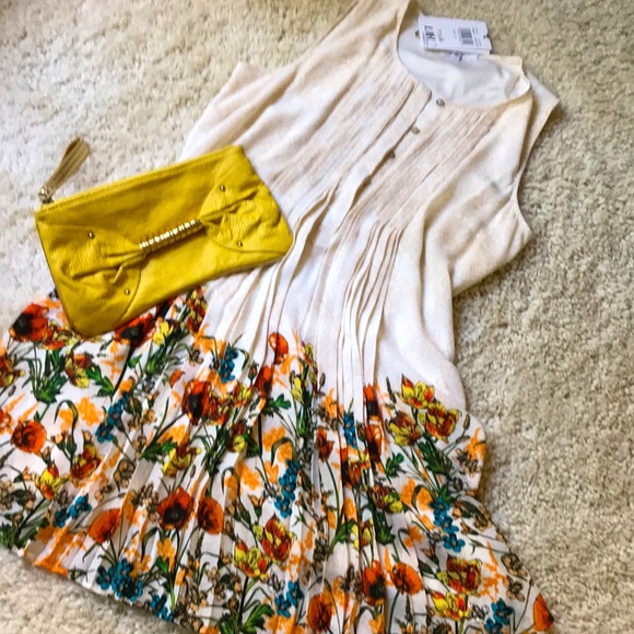 Pleated Floral Hem Sleeveless Shift Dress S - Picture 11 of 13